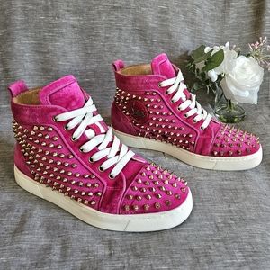 Women's Christian Louboutin Pink Suede Spikes Hightop Sneakers Size 8